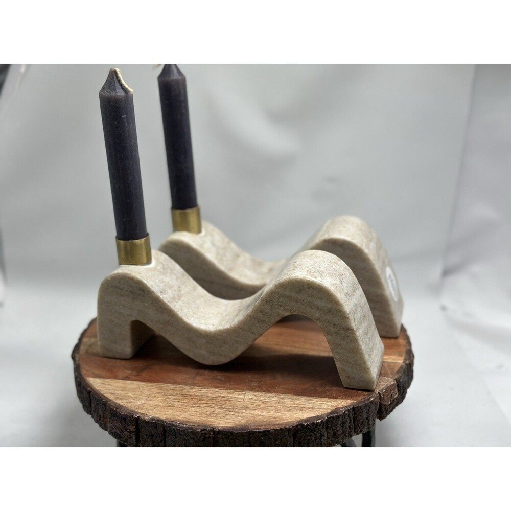 Heavy Stone & Brass Candle Holders / Bookends Wave Art Decorative Made in India